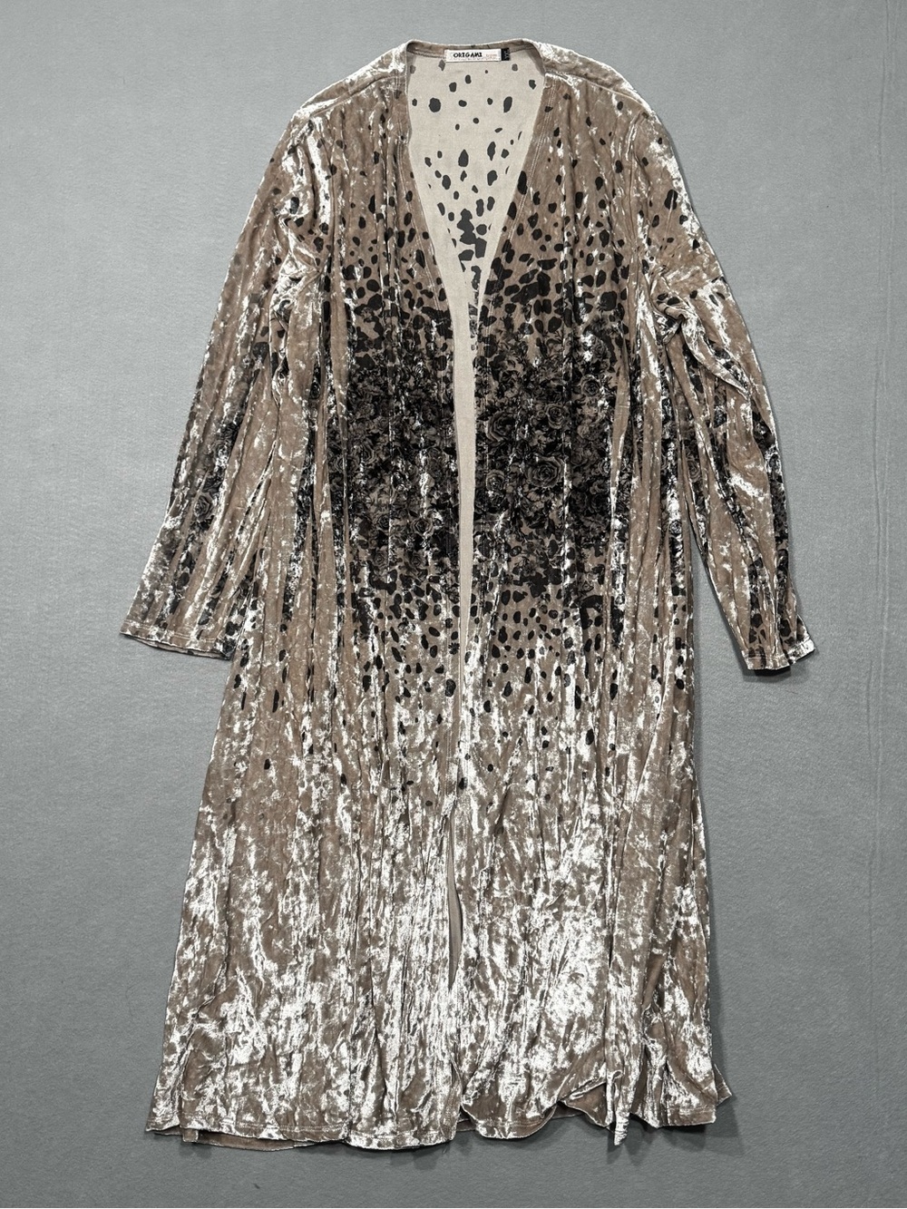 Origami Crushed Velvet Duster Open Front Cardigan Leopard And Rose Print XXL